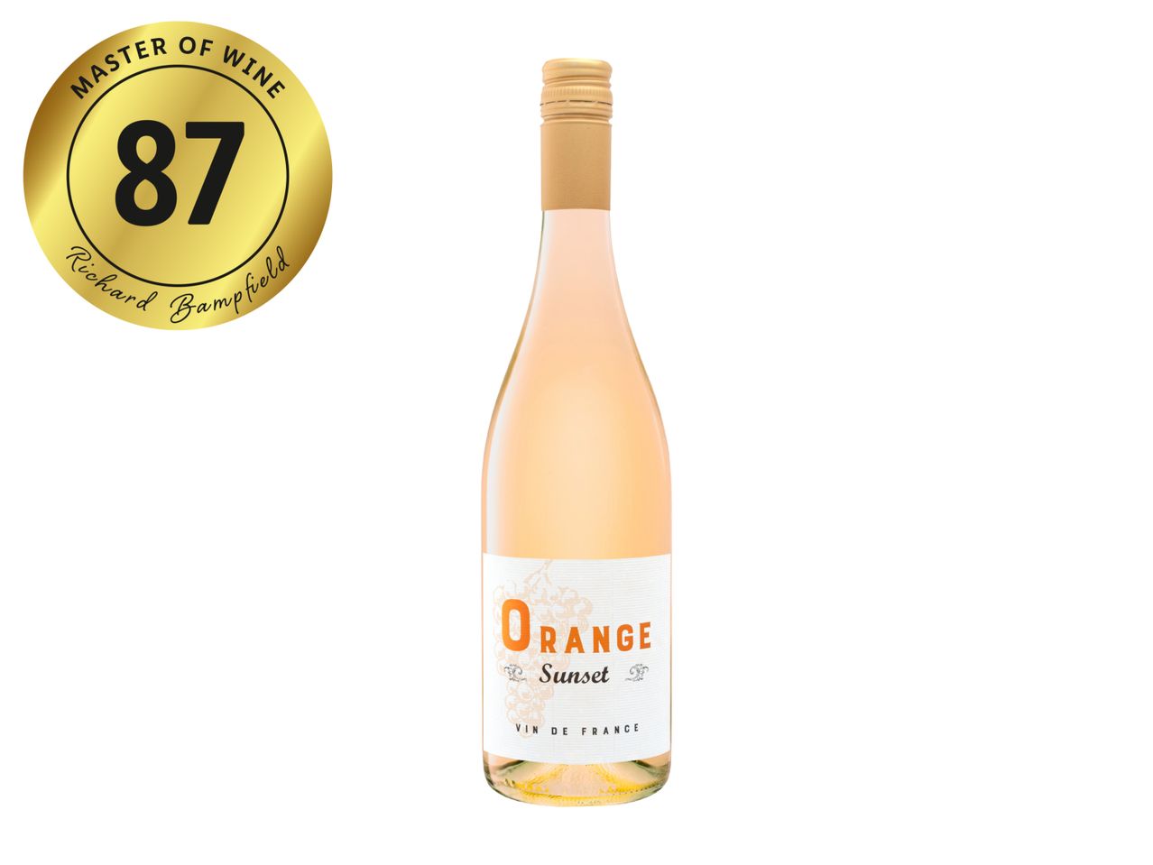 A bottle of Orange Sunset wine with an 87-point Master of Wine rating by Richard Bampfield.