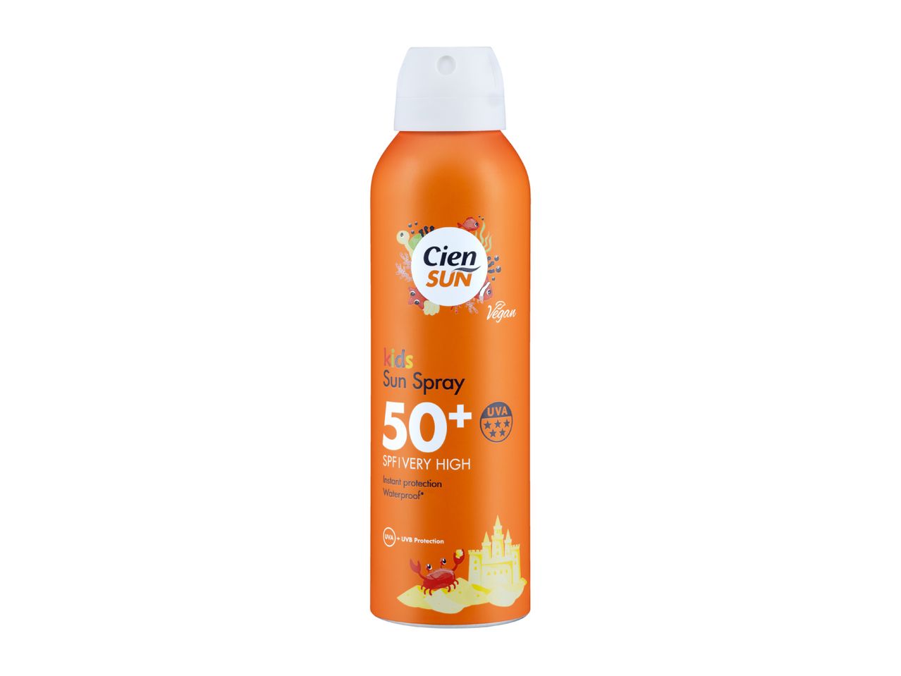 Kids' sun spray SPF 50+ with very high UVA/UVB protection, instant protection, and waterproof formula.