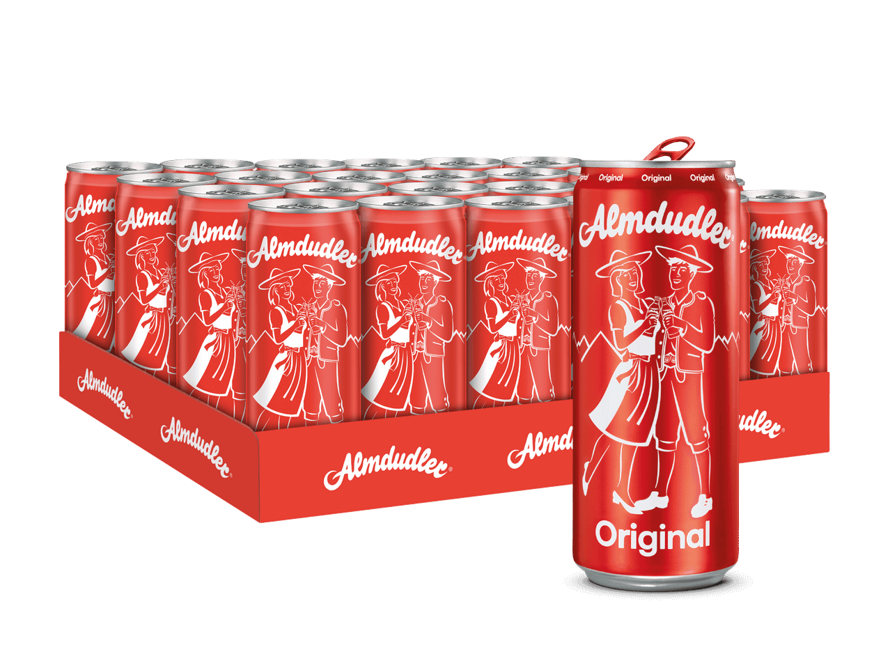 Eine 12er-Packung Almudler-Original-Dosen und eine einzelne Dose im Vordergrund.