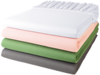 A stack of fitted bed sheets in white, peach, sage green, and gray.