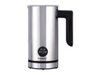 Stainless steel milk frother with a black handle and control panel with various frothing options.