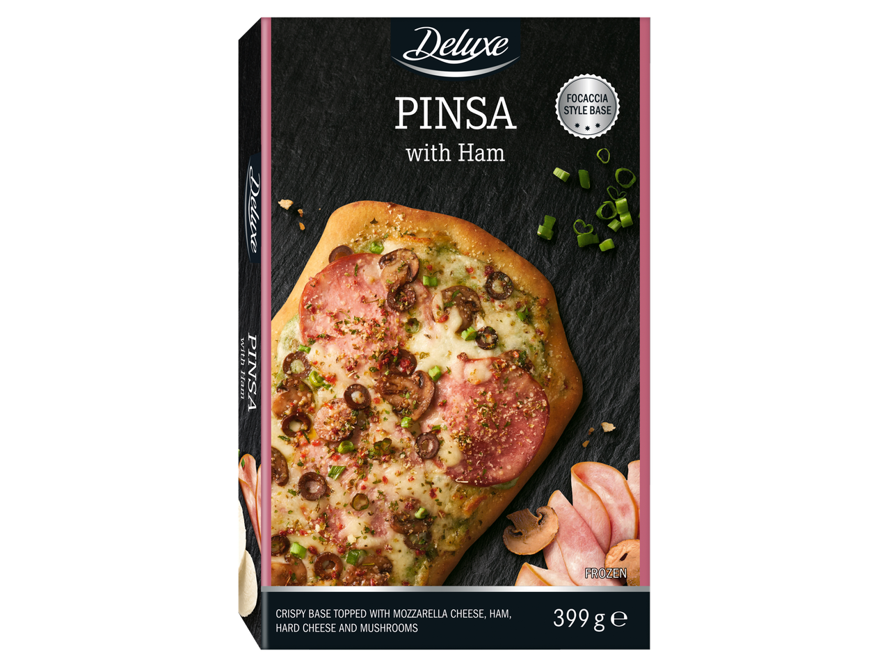 Deluxe Pinsa met ham, mozzarella en champignons: diepvriespizza