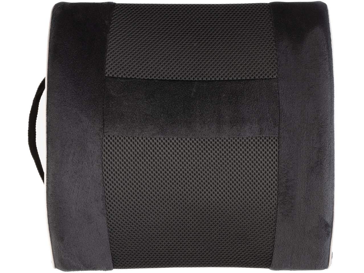 A black lumbar support cushion with mesh inserts.