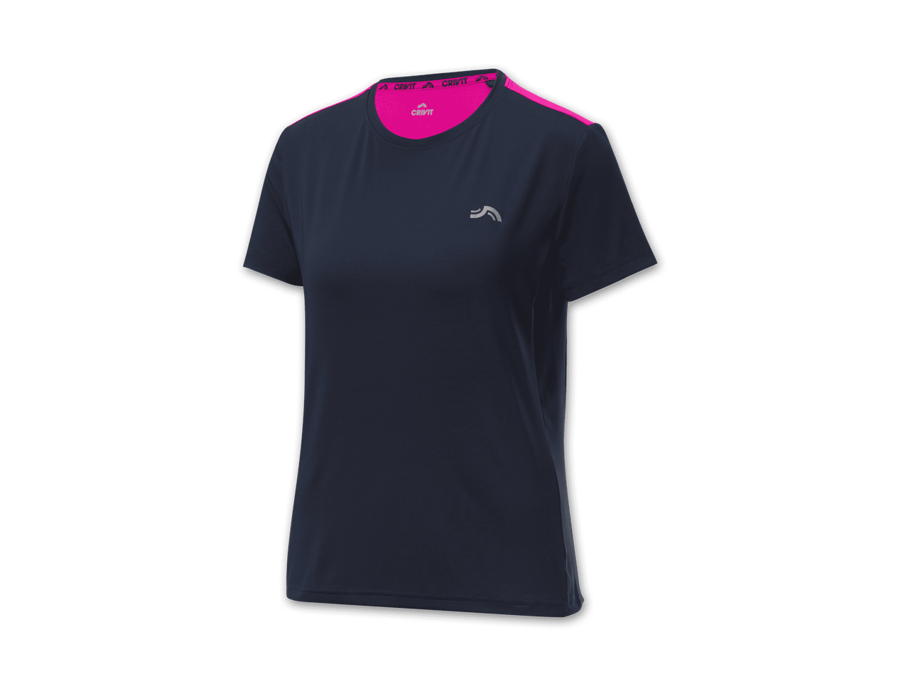 Crivit Damen-Sport-T-Shirt in Dunkelblau mit pinkfarbenen Details.