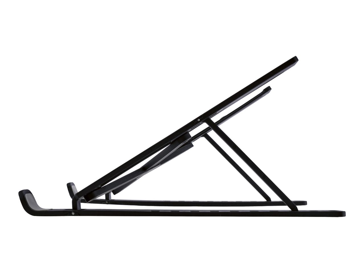 Black laptop stand with adjustable height and angle, side view.