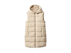 Lange, beige, gepolsterte Weste mit Kapuze und Reißverschluss