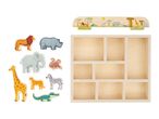 Wooden safari animal figures and a wooden display shelf with a safari-themed top panel.