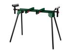 Green and black saw stand with roller supports for woodworking