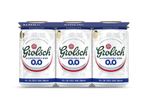 Zes-pack alcoholvrij bier in blikjes, met de tekst 'Vakmanschap is Meesterschap' en 'Vol en Fris van Smaak'.