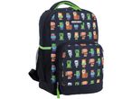 Black Minecraft backpack with pixelated character print and green accents.