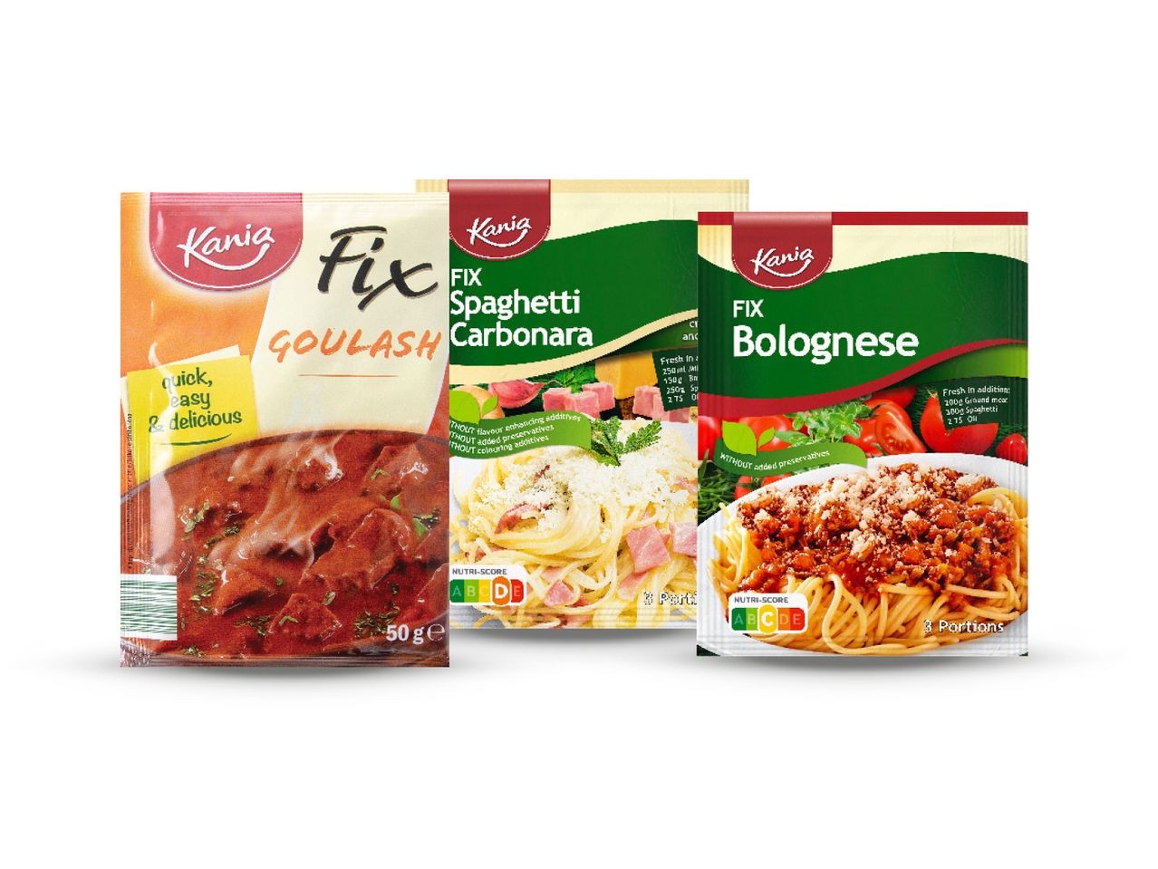 Kania Fix paketi za gulaš, špagete Carbonara i bolonjez.
