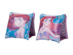 Two inflatable armbands featuring a cartoon mermaid, with text on the side.