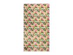 Tropical floral pattern with pink and yellow flowers and green leaves on a white background.