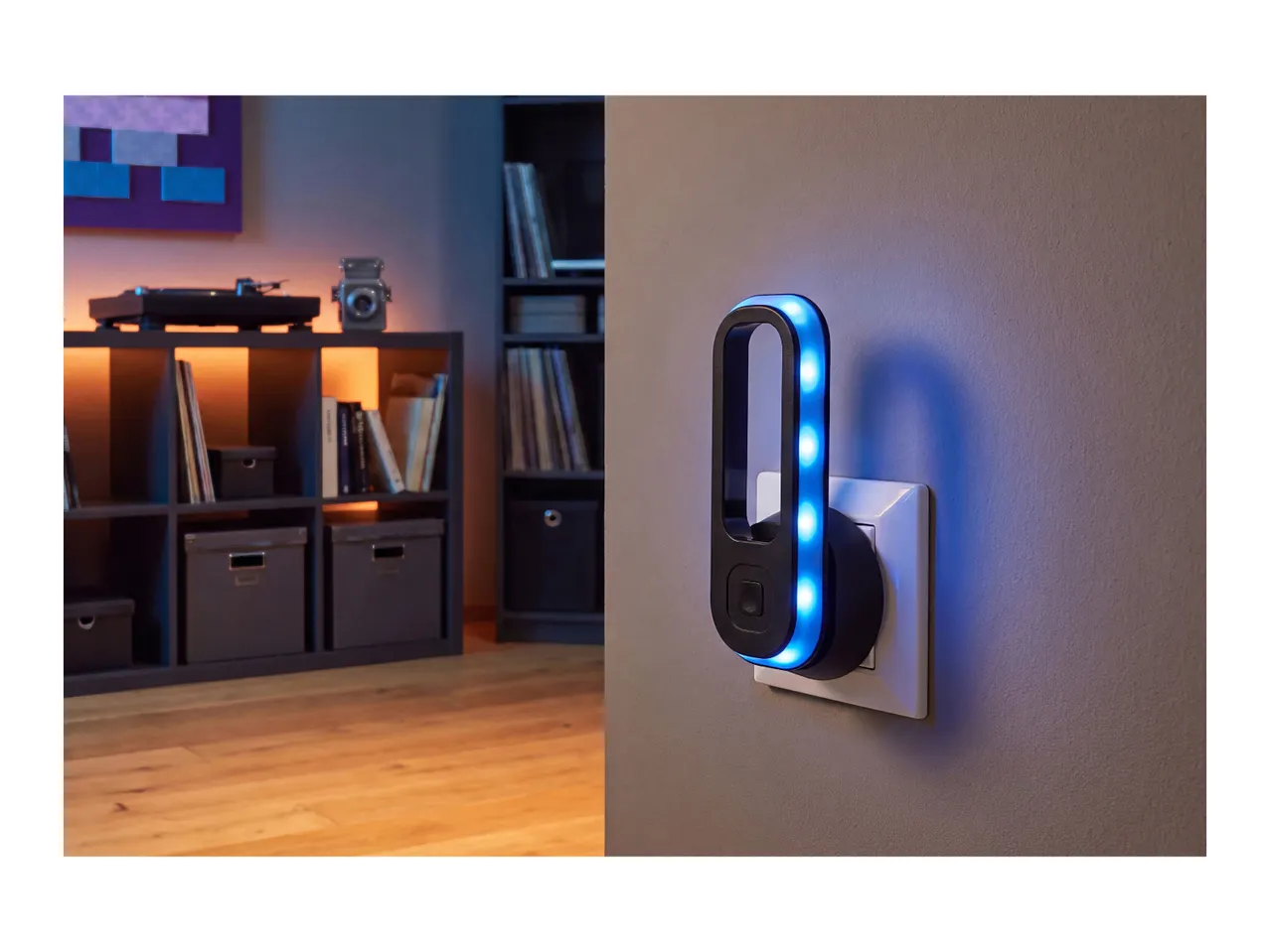 Modern plug-in LED night light with blue illumination in a cozy living room setting.