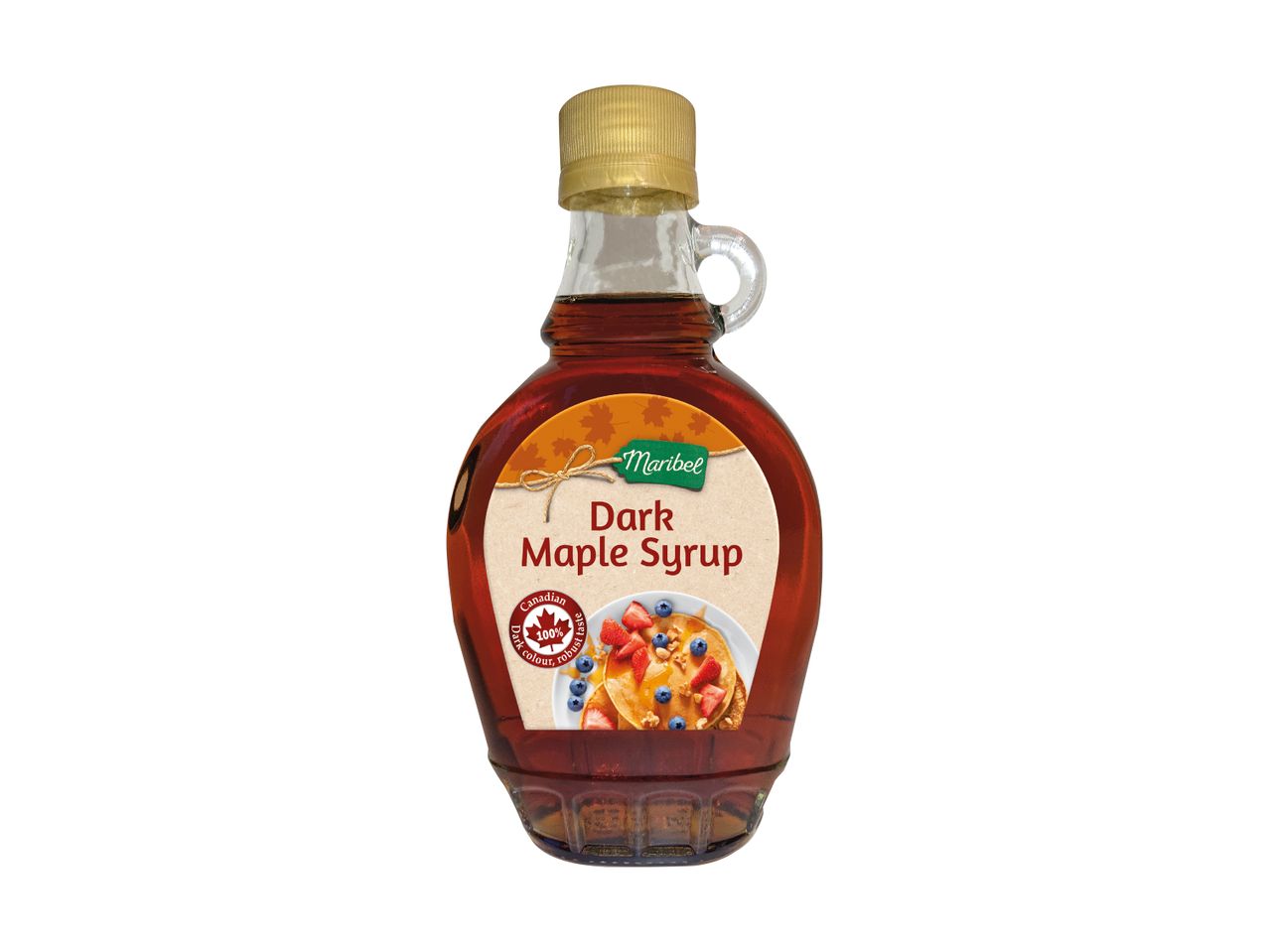 A glass bottle of dark maple syrup with a label showing pancakes and berries.