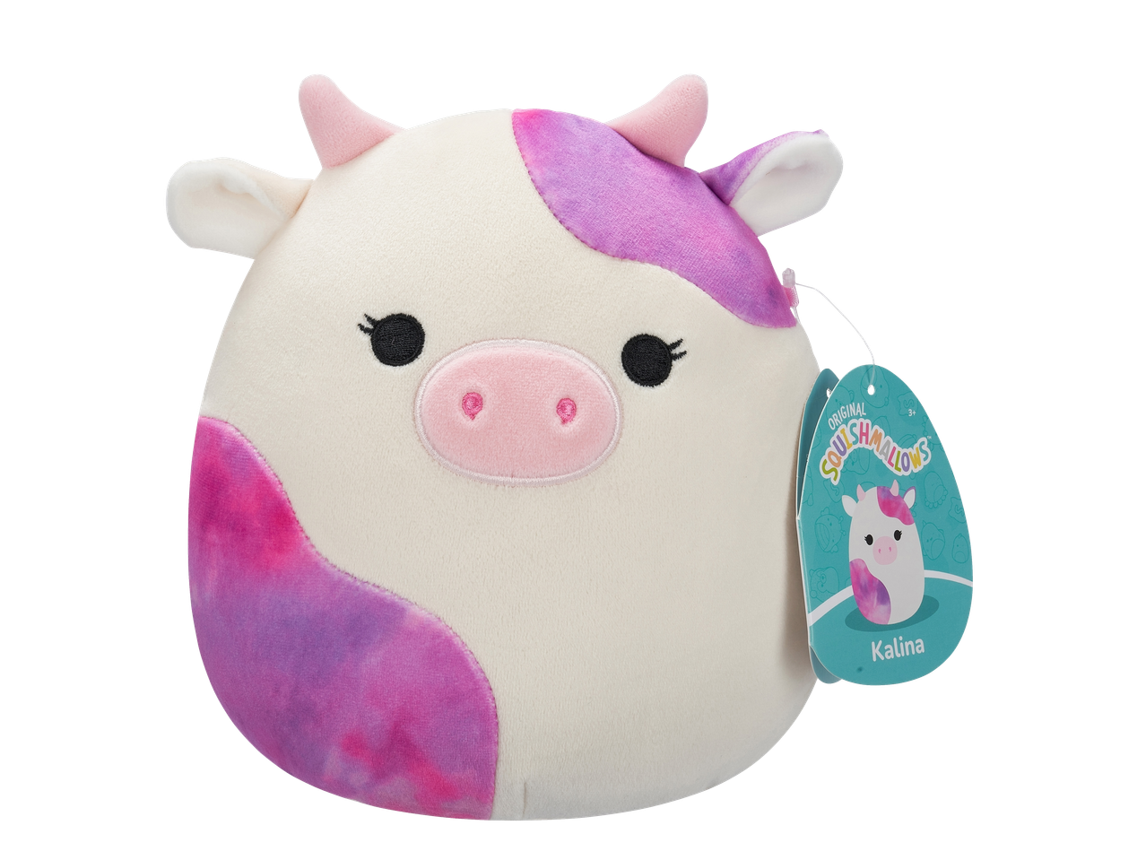 Squishmallows Kalina the cow plush toy, white with purple and pink patches.