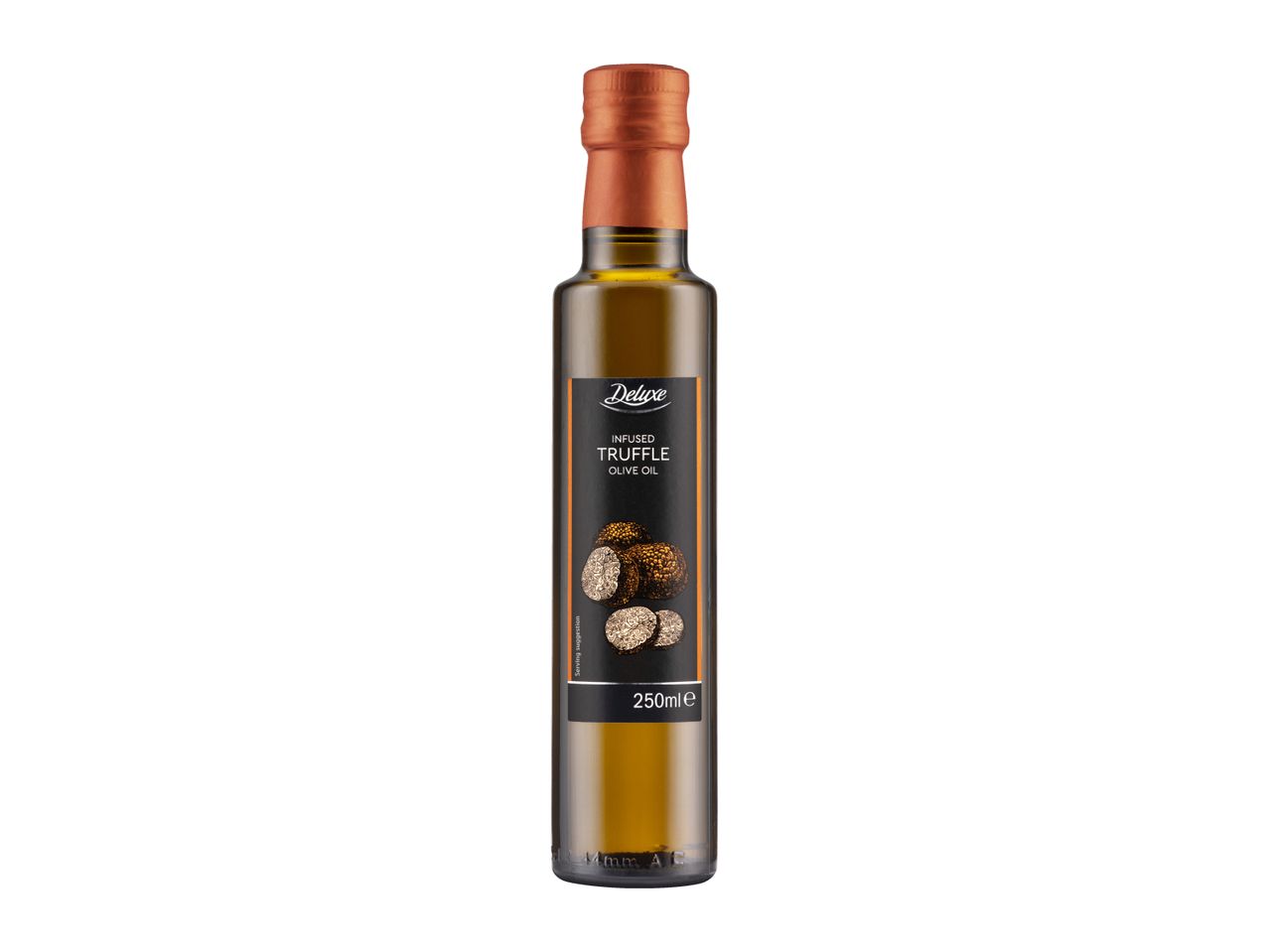 Deluxe Infused Truffle Olive Oil in a 250ml bottle with a black and orange label