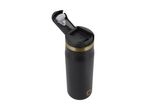 Black travel mug with a gold band and an open flip-top lid.