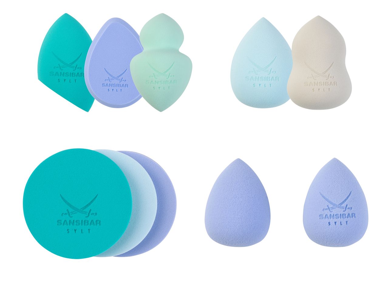 Sansibar Sylt Make-up-Schwämme: verschiedene Formen und Pastelltöne.