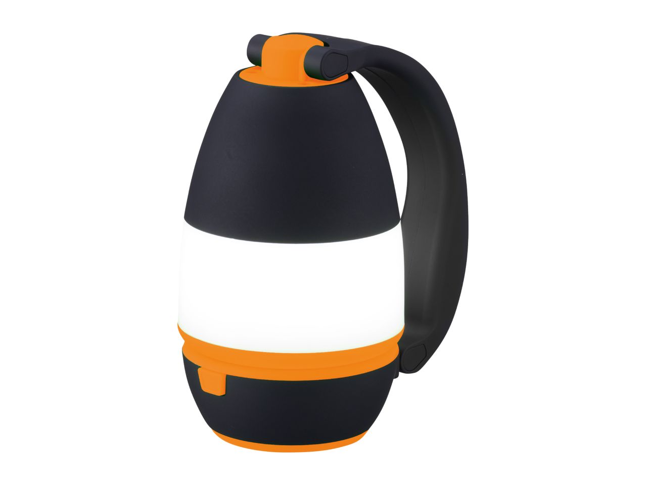 Black and orange camping lantern with a handle, featuring a white illuminated section.