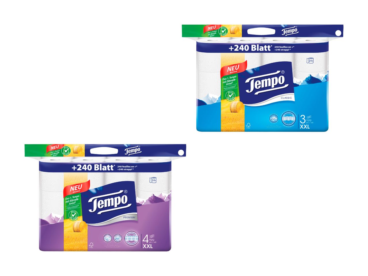 Tempo Toilettenpapier Packungen: classic und premium, XXL.
