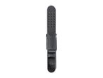A dark gray plastic clothespin with a metal spring and embossed numbers.
