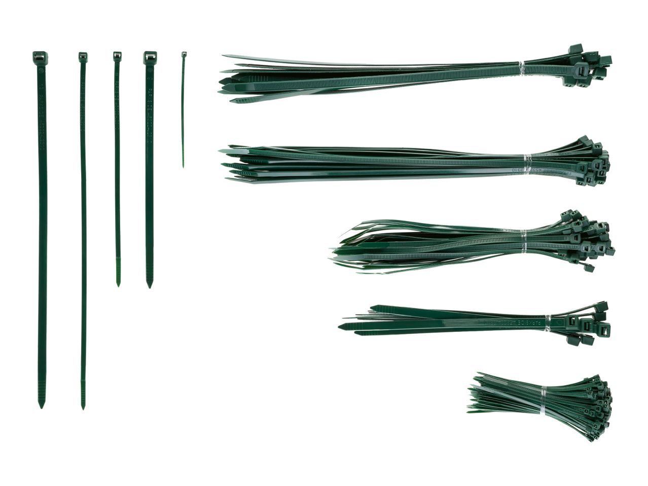 Green cable ties of various lengths and bundles on a white background.