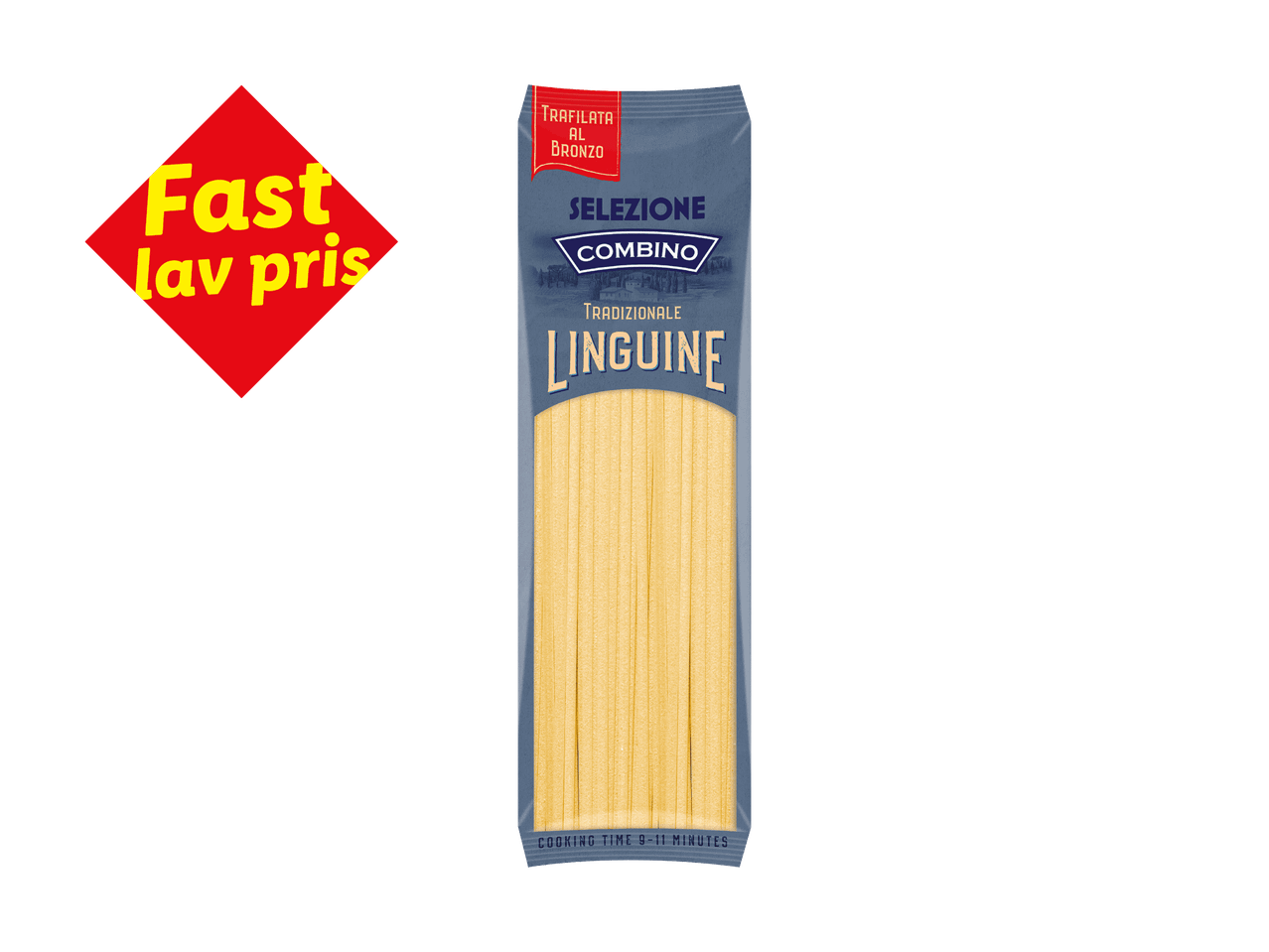 Pakke med linguine pasta med et rødt skilt, der siger 'Fast lav pris'.