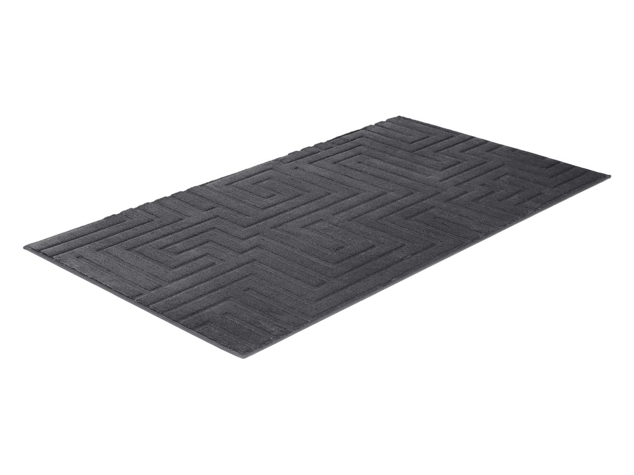 Sötétszürke, téglalap alakú szőnyeg geometrikus mintával.