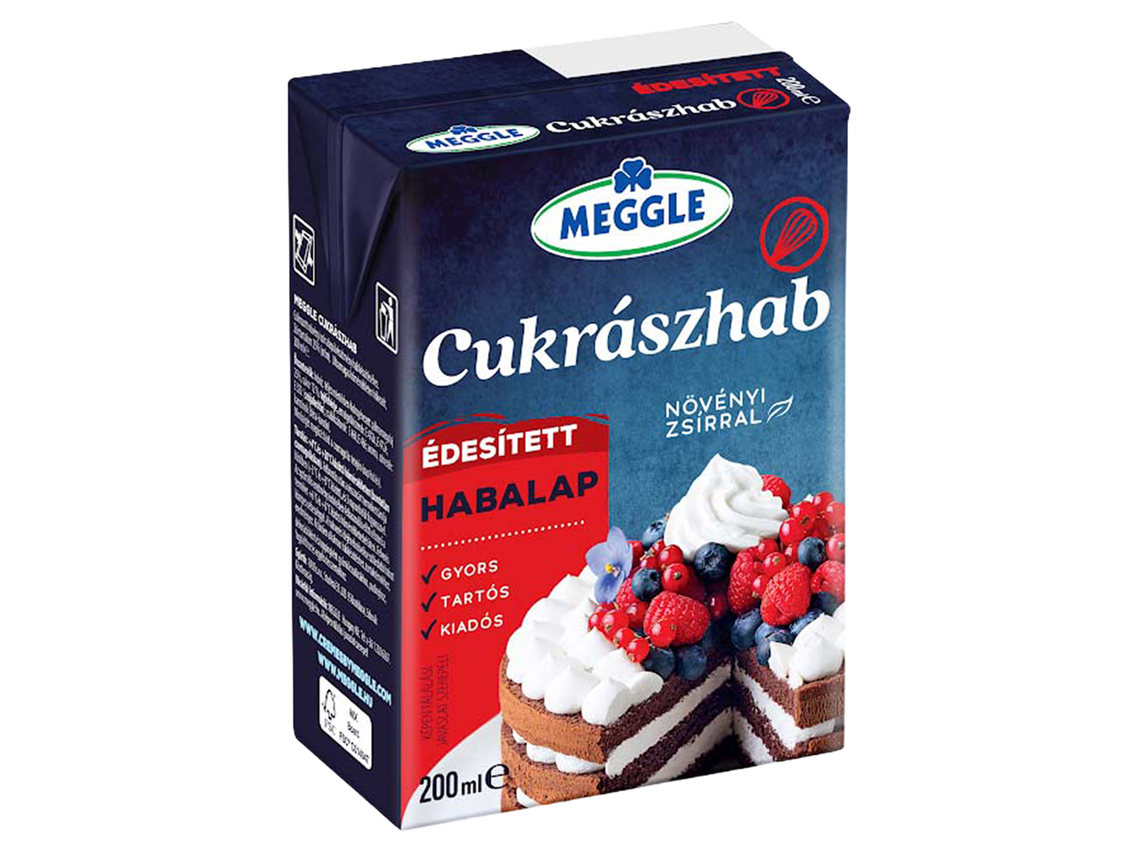 Édesített, növényi zsíralapú habalap süteményekhez, 200 ml-es dobozban.