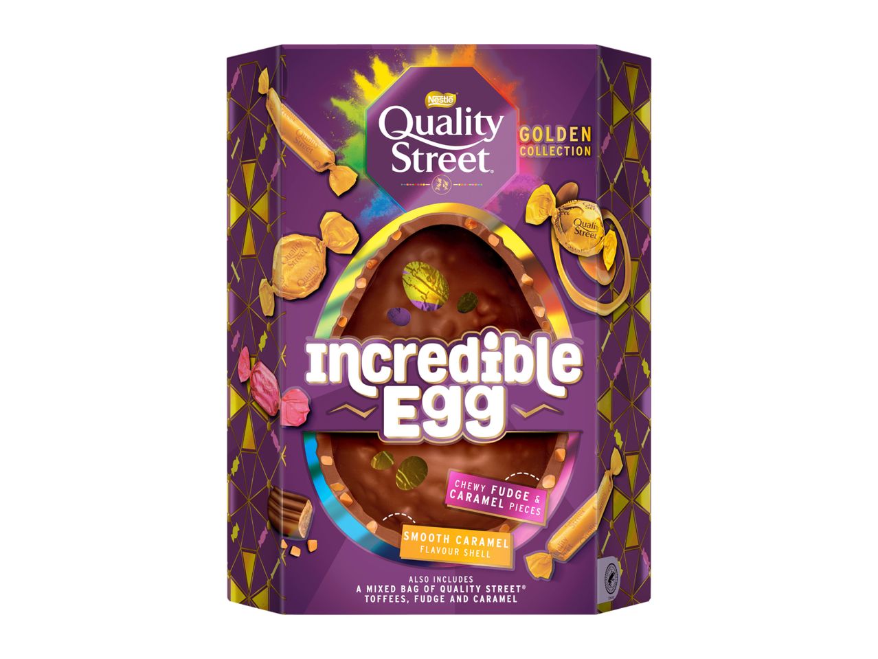 Purple Easter egg box with a chocolate egg, chewy fudge, caramel pieces, and toffees.