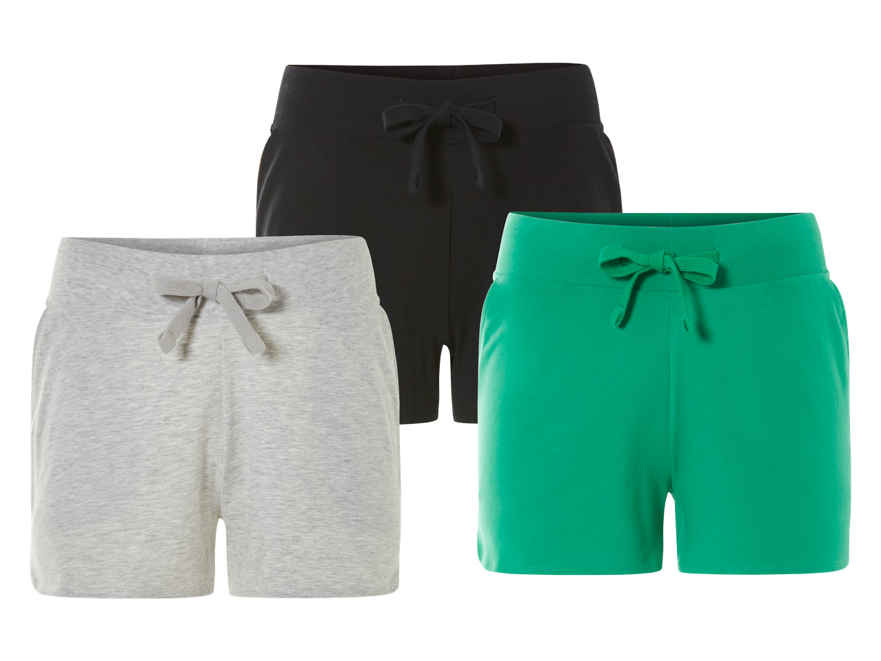 Tri para ženskih kratkih hlača za slobodno vrijeme: sive, crne i zelene, s vezicama.