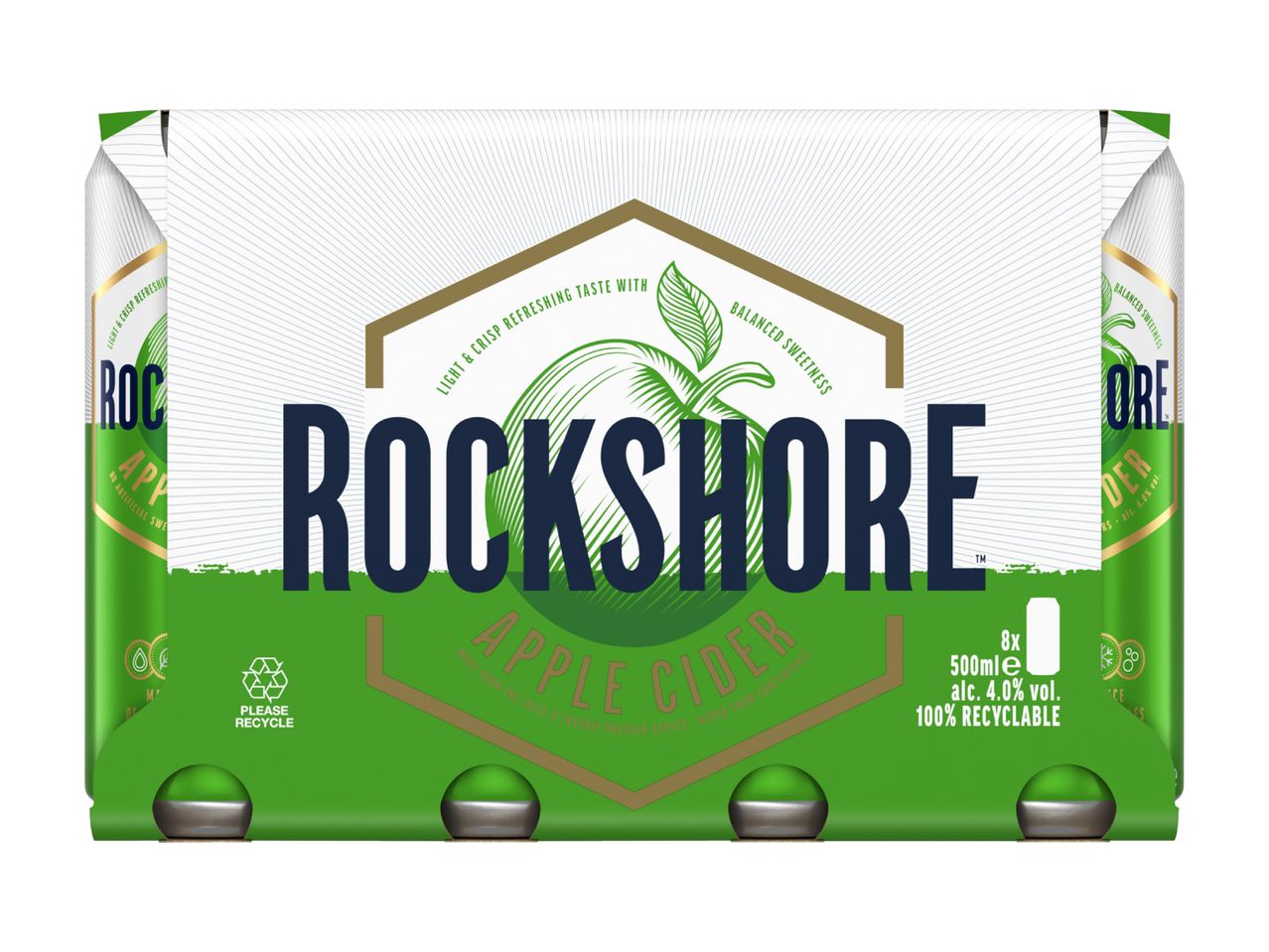 Rockshore Apple Cider 8-pack with 500ml cans, 4.0% alcohol, and 100% recyclable packaging.