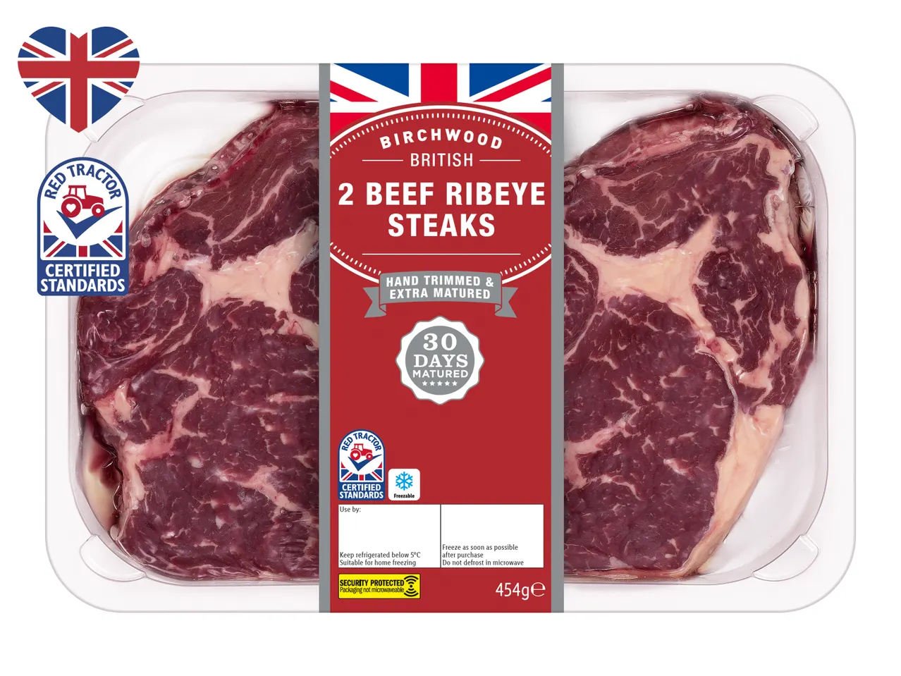Two Birchwood British beef ribeye steaks, 30 days matured, Red Tractor certified.