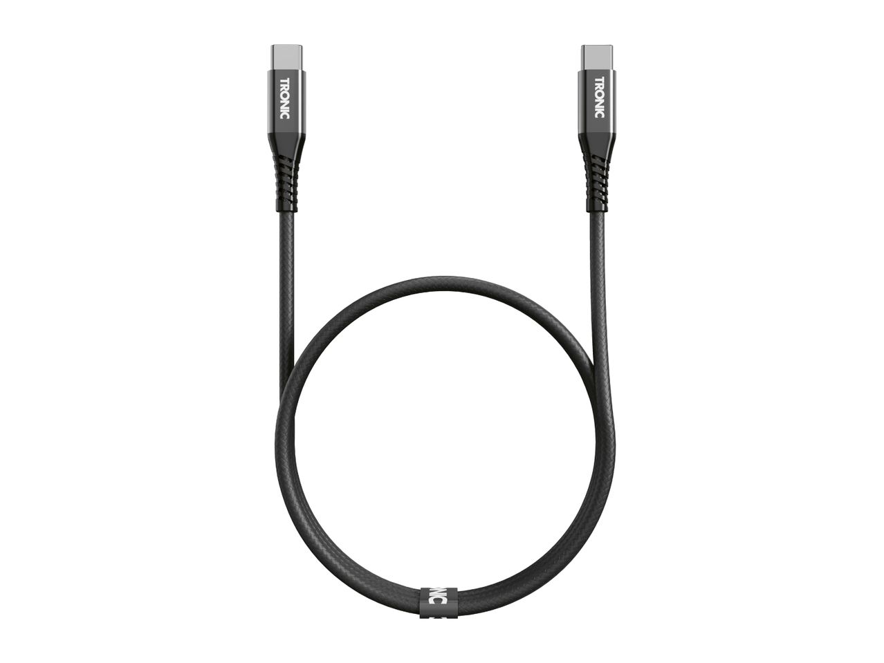 Black USB-C charging cable with a braided texture, coiled in a loop.