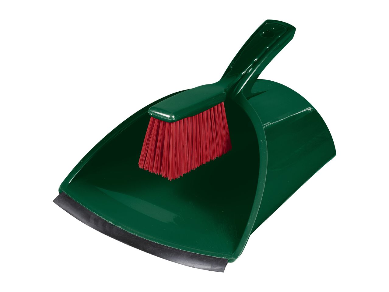 Green dustpan and brush set with red bristles.