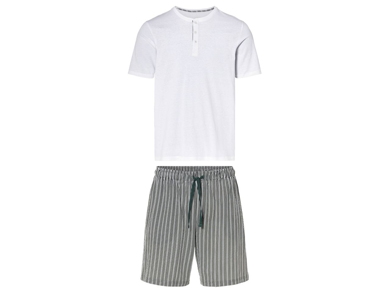Men's Pyjama Set of white shirt and gray striped shorts.