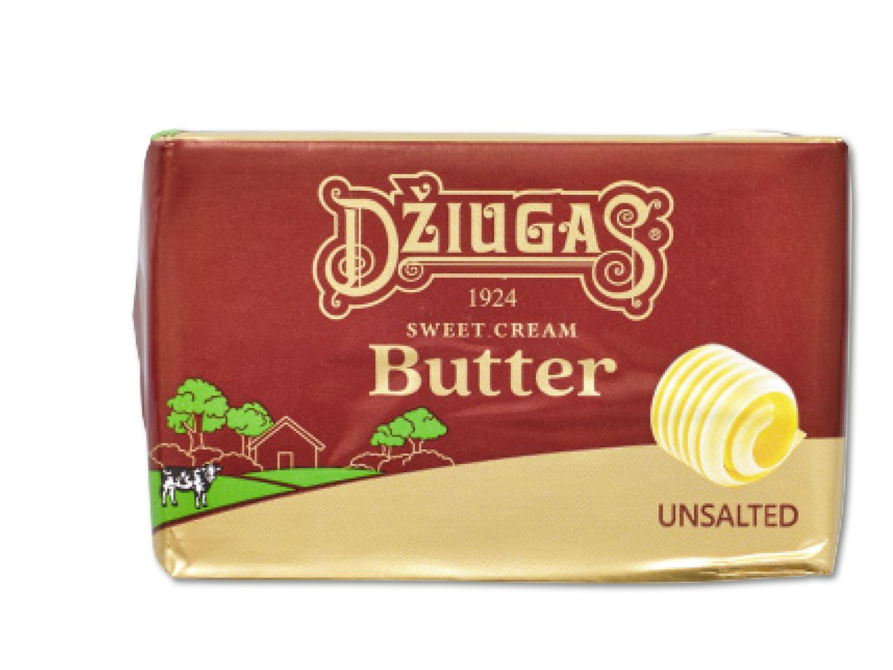 Džiugas sviesta iepakojums, nesālīts, ar fermas un govs attēlu.