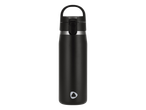 Черна термо бутилка с дръжка и сребрист пръстен, с бяло лого на триъгълник в долната част.