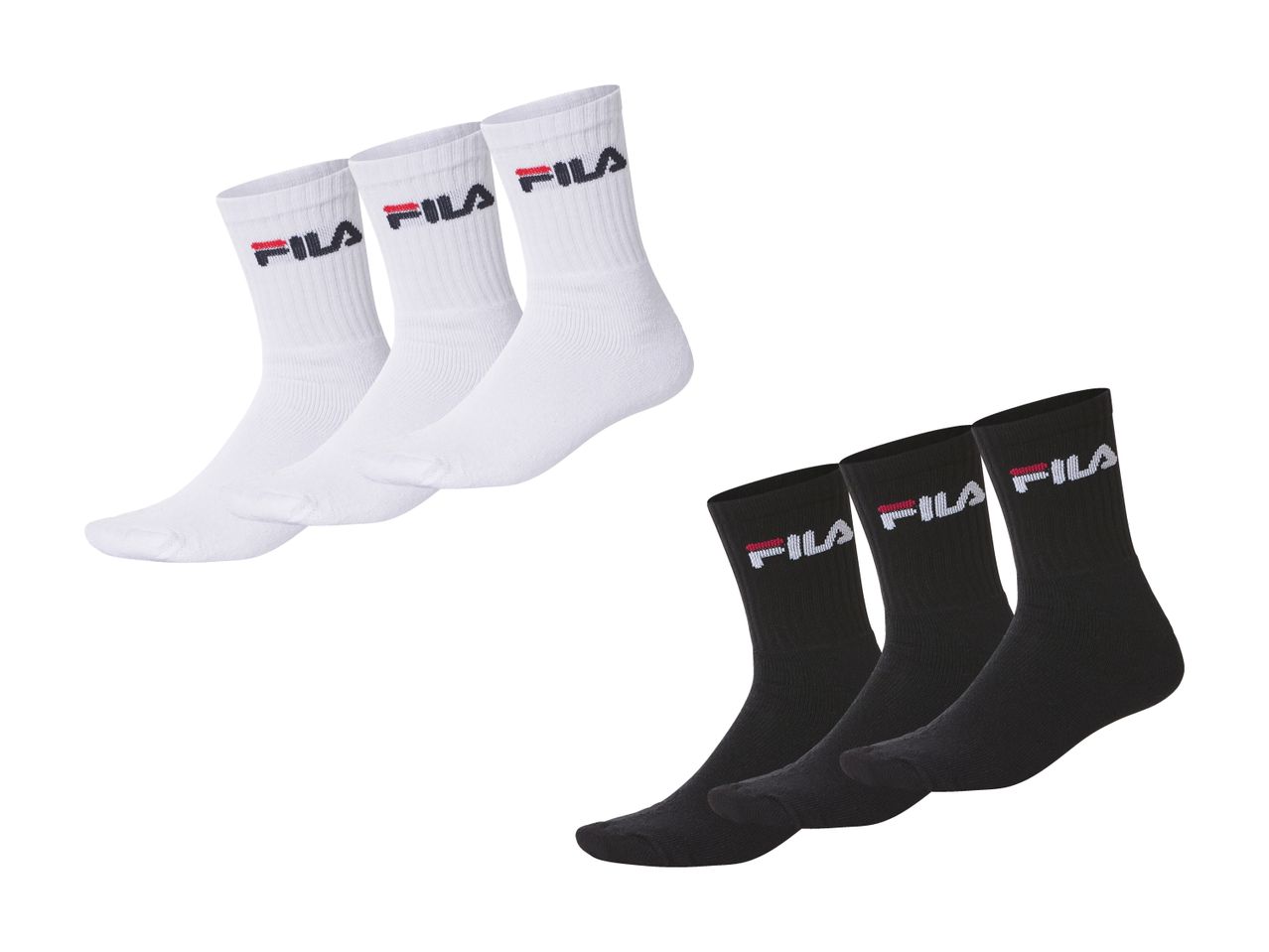 Trois paires de chaussettes Fila blanches et trois paires de chaussettes Fila noires.