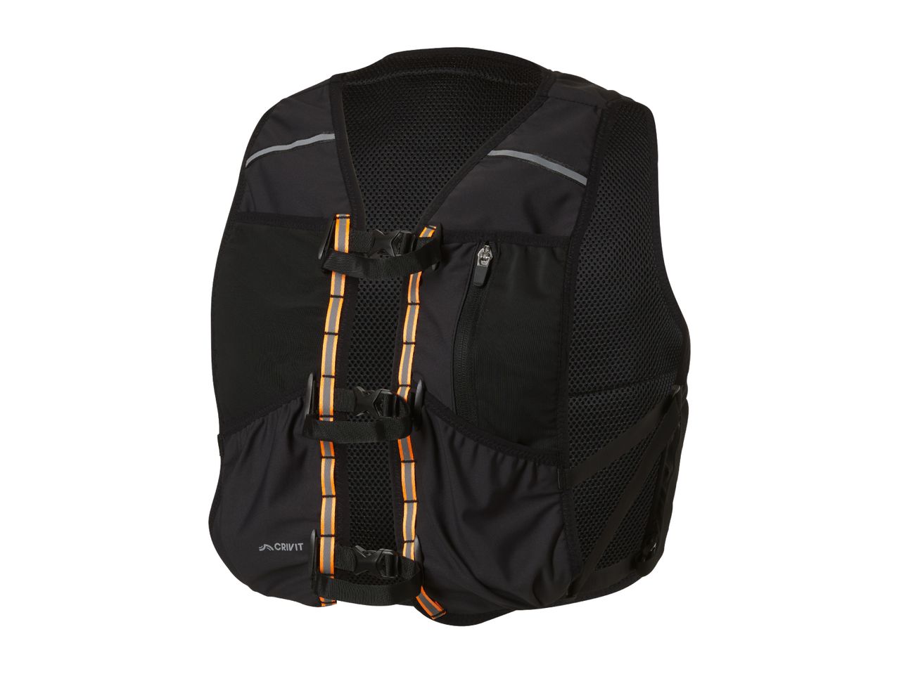 Black running vest with orange and reflective stripes, multiple buckles, and mesh panels.