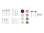 A set of rotary tool accessories including grinding stones, drill bits, cutting discs, and polishing wheels.