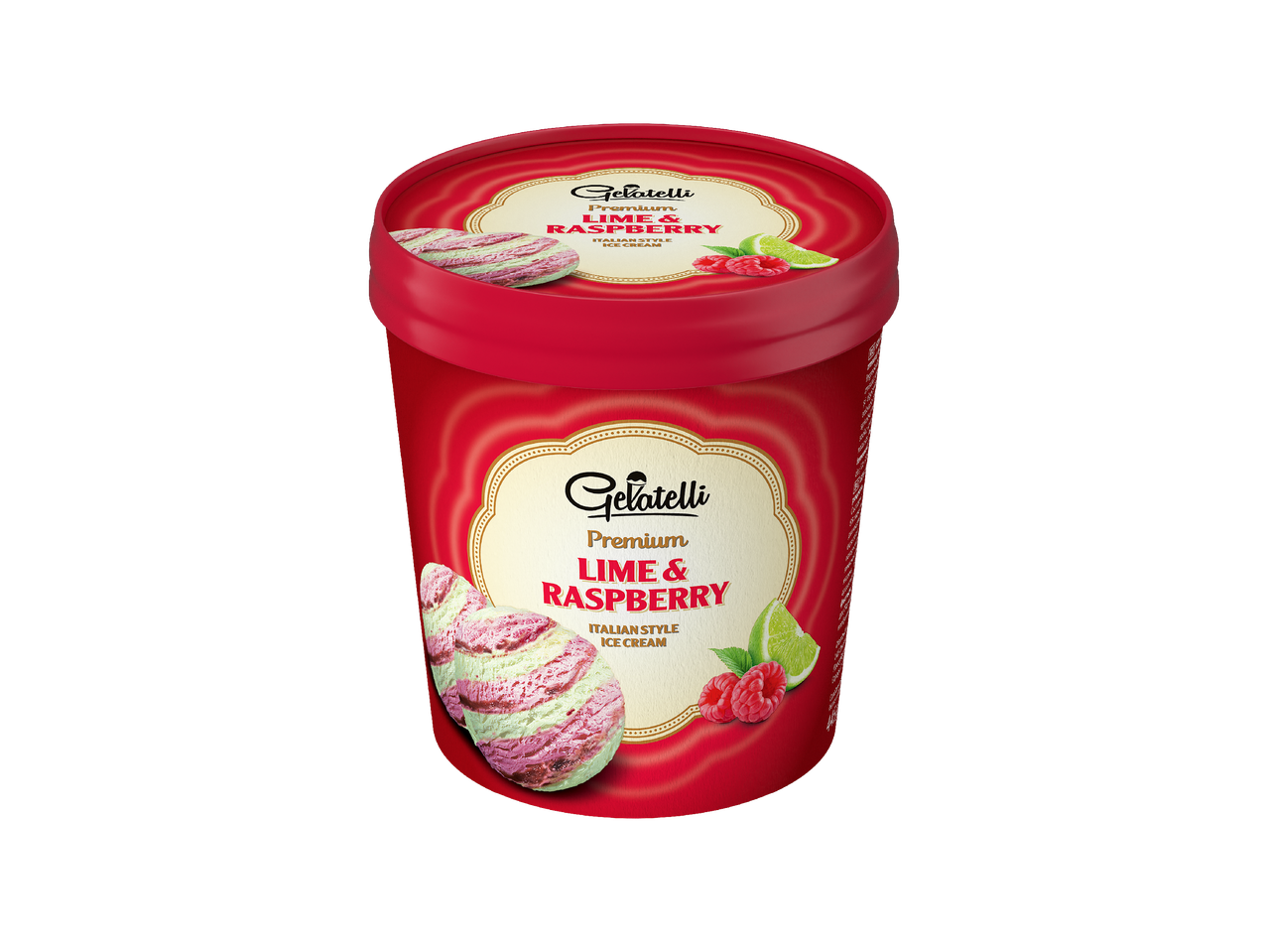 Червена опаковка сладолед с вкус на лайм и малина, с надпис „Premium Lime & Raspberry Italian Style Ice Cream“.