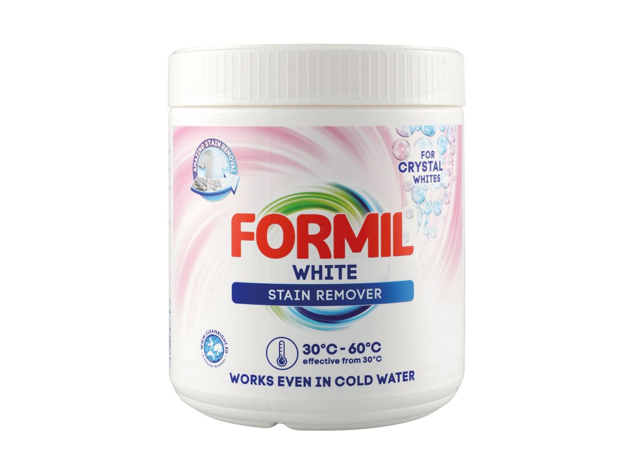 Formil White Stain Remover for crystal whites, effective from 30°C.