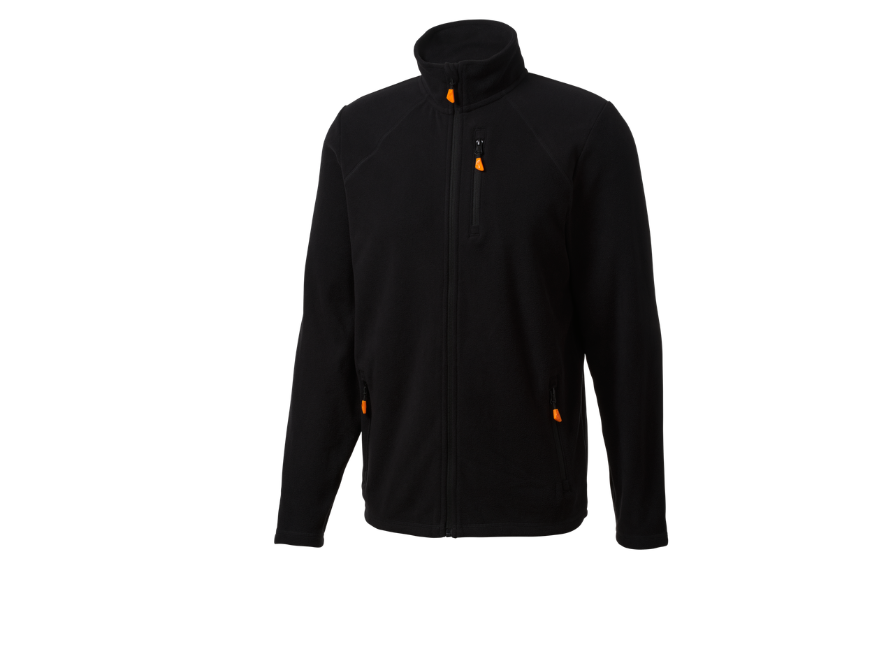Melna CRIVIT vīriešu flīsa jaka ar oranžām detaļām.