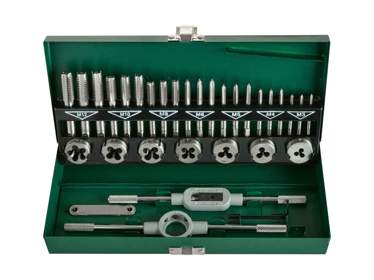 Green metal case with a tap and die set, including various sizes of taps, dies, and handles.
