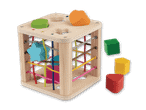 Holz-Motorikwürfel mit bunten Gummibändern und Formsteckern