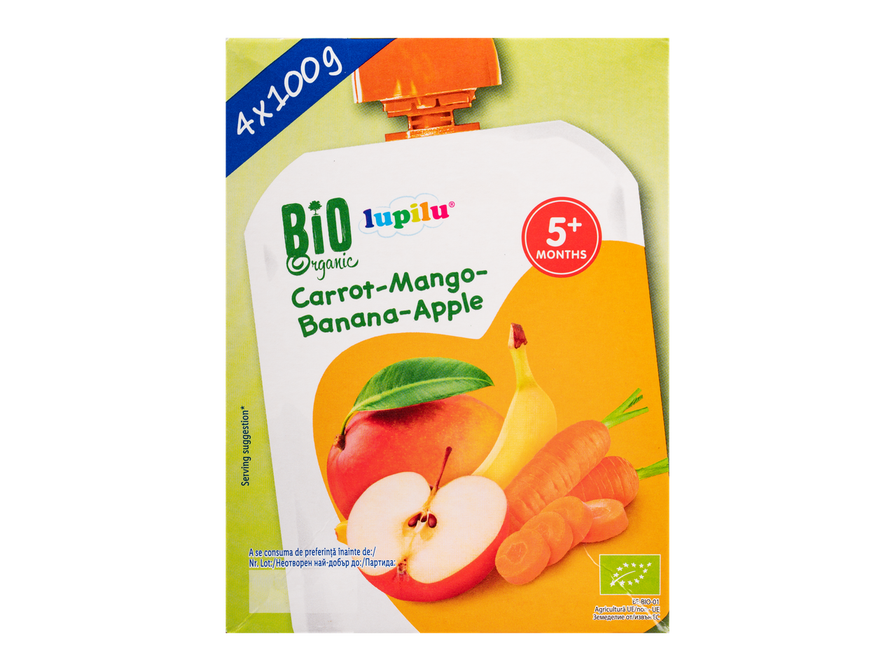 Pungă Lupilu Bio cu piure de bebeluși: morcov-mango-banană-măr, de la 5 luni.