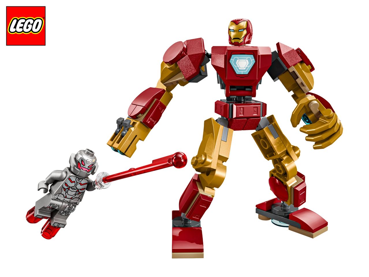 Iron Man mech suit and Ultron minifigure with a red laser beam.