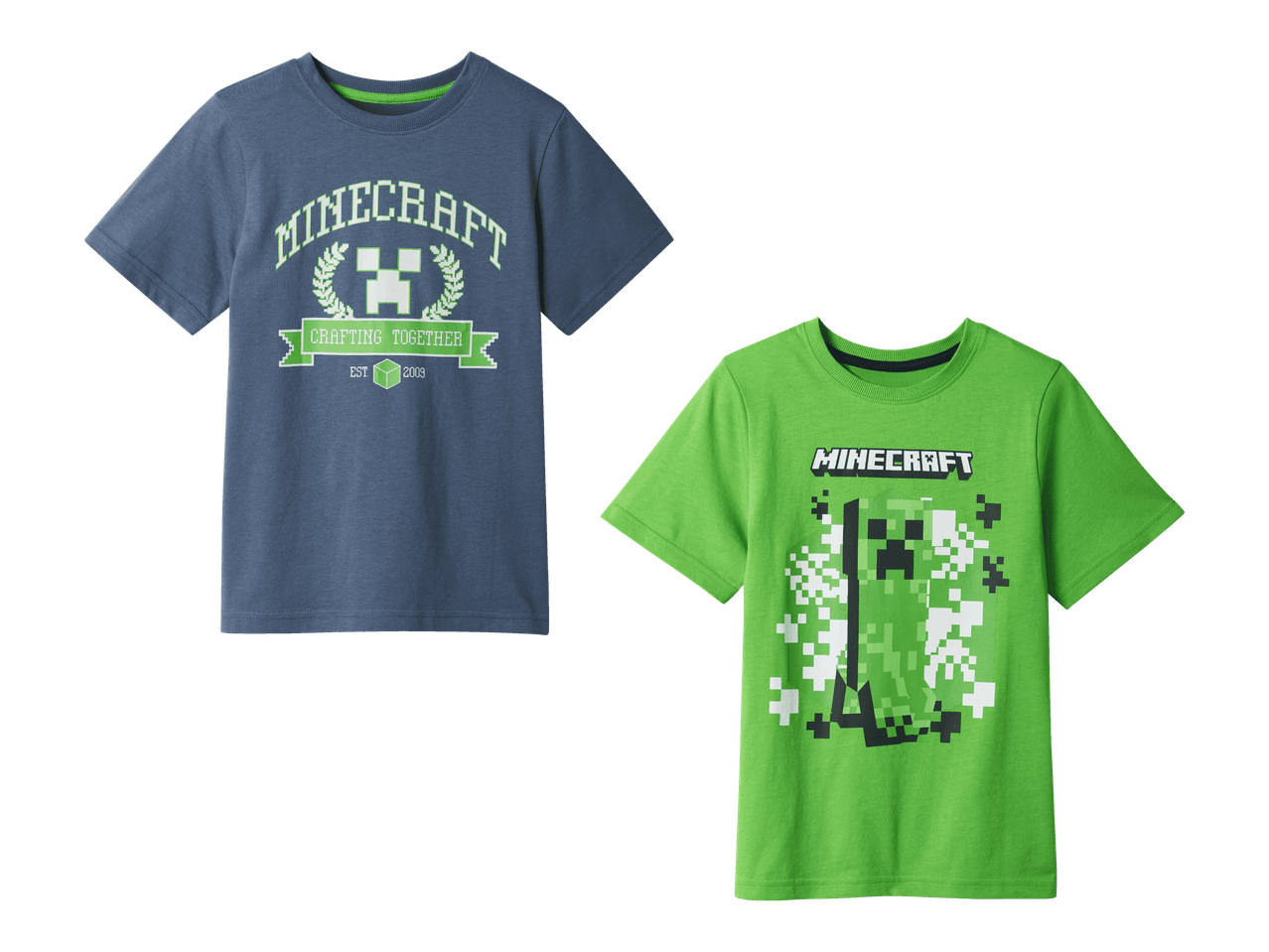 Kaksi Minecraft-aiheista lasten t-paitaa.